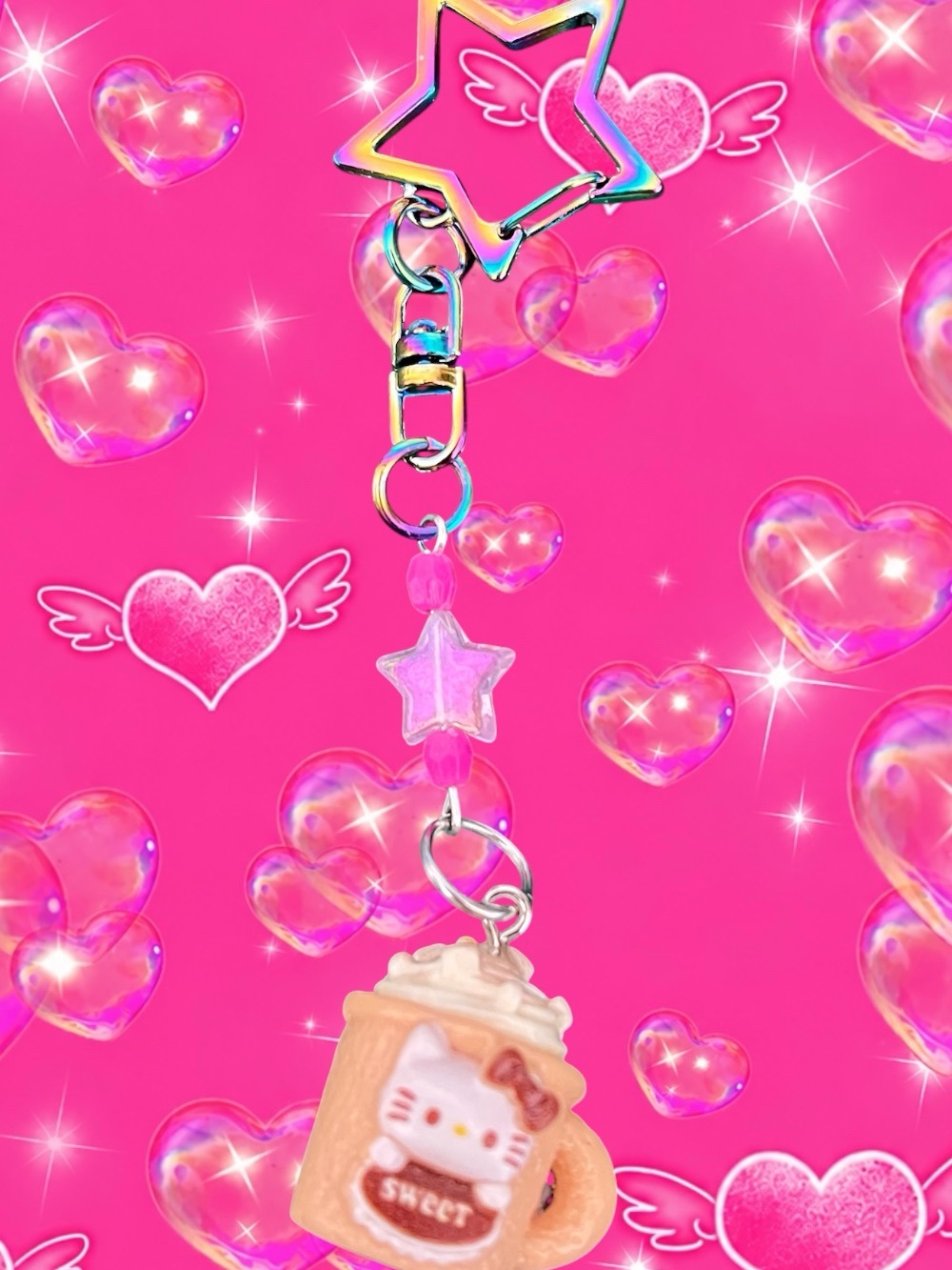 Hello Kitty Pink Star Mug Charm Keychain